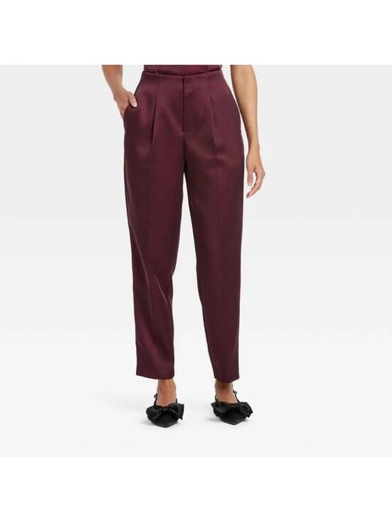a new day Pants - Women's Super-High Rise Tapered Ankle Tailored Satin Trousers a New Day Burgundy